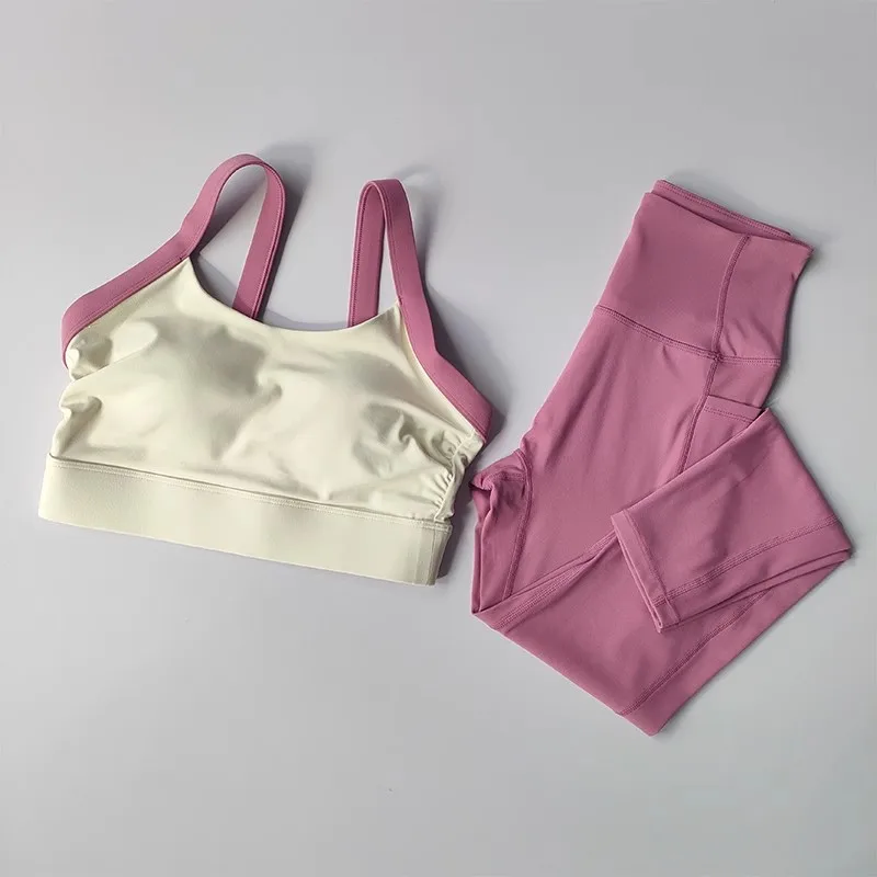 Color blocked sports bra set: Cross back integrated collection with double breast, shock-absorbing, quick drying, high waist and Color blocked sports bra set: Cross back integrated collection with double breast, shock-absorbing, quick drying, high waist and