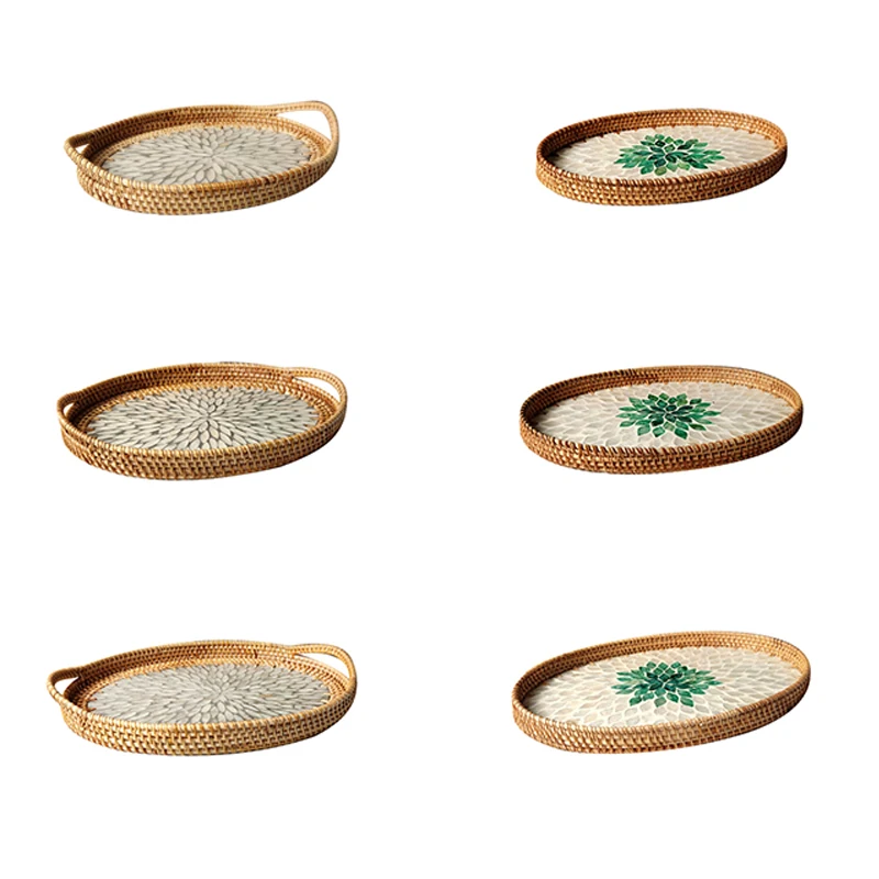 

Rattan Basket Handwoven Fruit Storage Breakfast Serving Tray Drinks Snack Coffee Platters Bread Plate Home Organizer