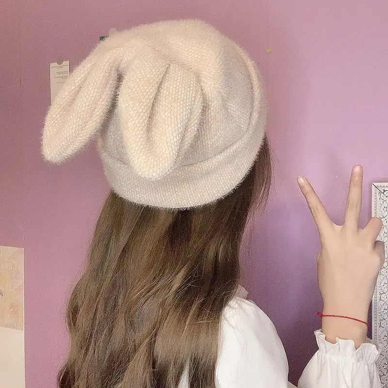 

Cute Rabbit Ears Women Hat Winter Warm Plus Velvet Japanese Style Kawaii Chenille Woolen Cap Female Knitted Hat