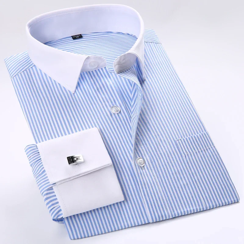

Мужская деловая рубашка с контрастным воротником, Классическая рубашка с французскими манжетами и одним накладным карманом, длинными рукавами, для свадьбы и вечеринки