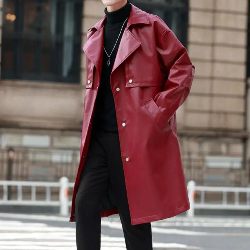 

5xl Large Size Claret Red Leather Trench Coats Long Burgundy Leather Jackets For Mens Style Black 2023 Winter Overcoats Quality