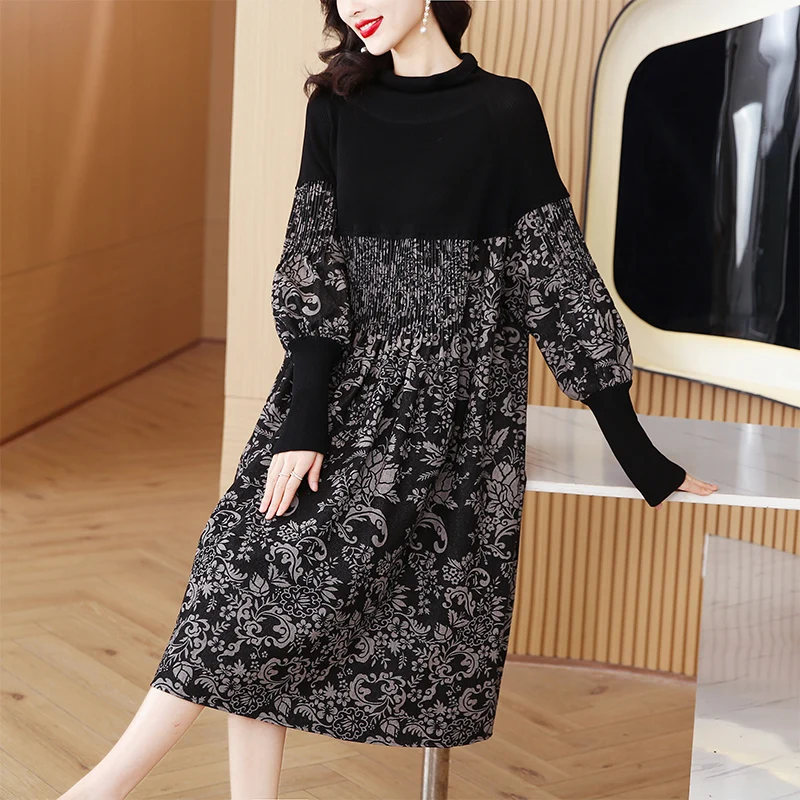 

2023 Autumn And Winter New Products Are Launched Sweater Stitched Denim Skirt Casual Temperament Versatile Midi Loose Dress T878