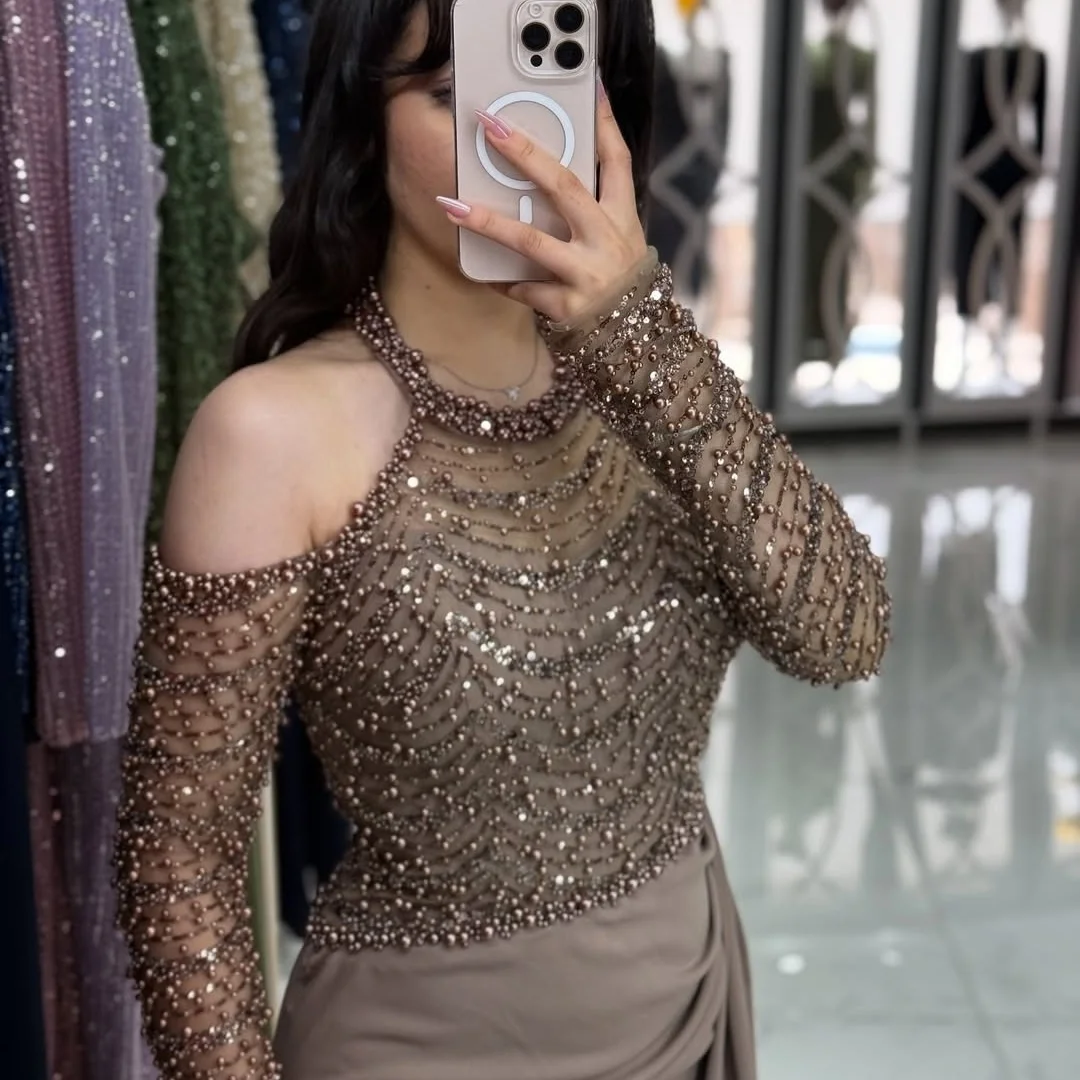 Sansa Customized Beaded Halter Neck Prom Dresses Long Sleeves فساتين للمناسبات الخاصة Pearls vestidos de fe 13 Sea8455a42e51453a874801bfe568be7bC