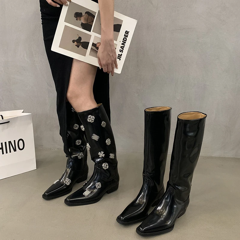 

Fashion Zippers Ladies Elegant Long Black Boot 2023 Winter Women Knight Boots Casual Square Heel Knee High Botas