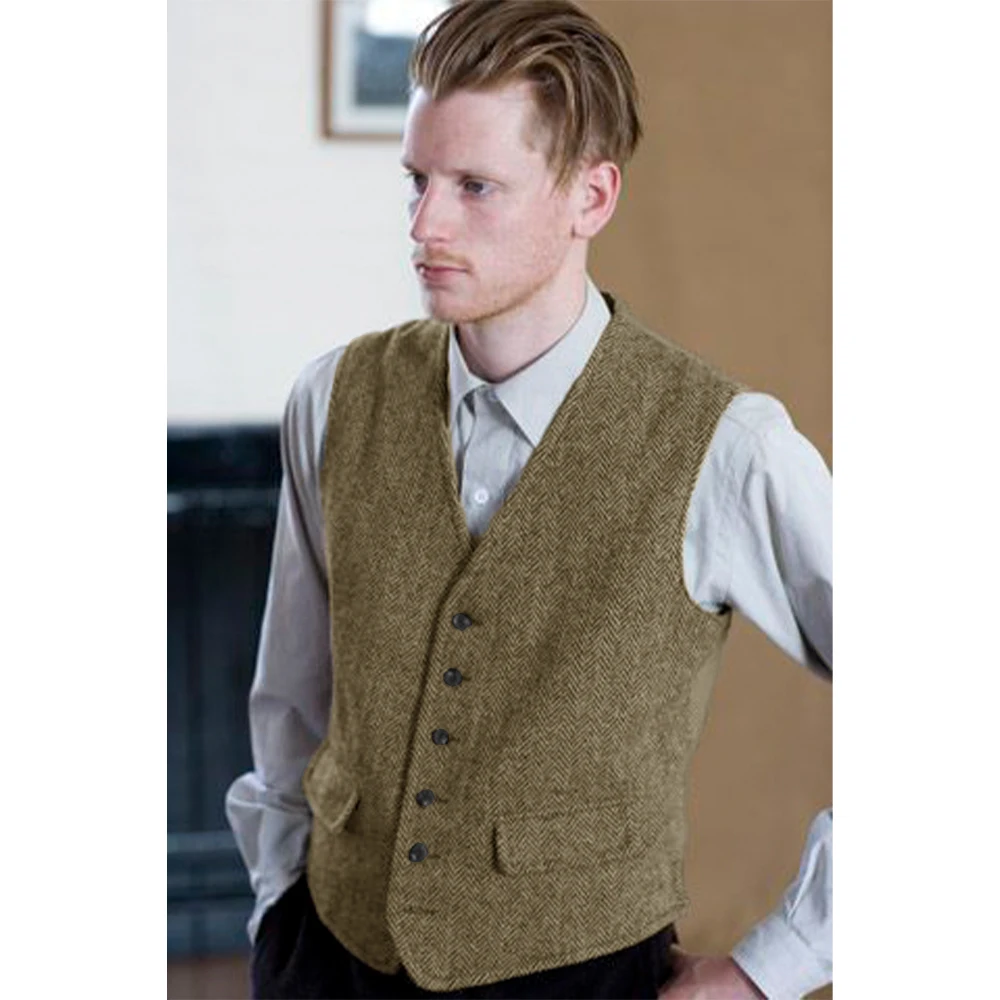 

Retro Tweed Vest for Men Casual V Neck Elegant Vest Man Spring Flap Pocket Herringbone Khaki Suits Waistcoat Male Clothing