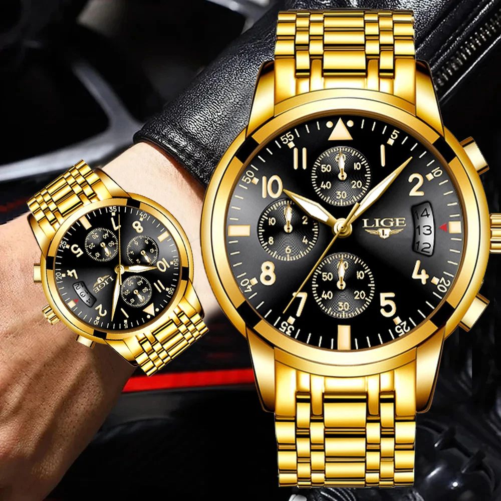 

LIGE Top Brand Luxury Man Wristwatch Waterproof Luminous Date Week Men Watches Stainless Steel Quartz Men's Watch Male reloj