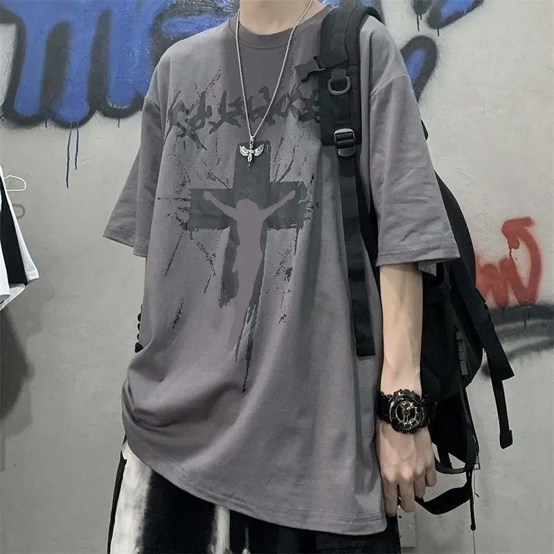 Short Sleeved T-shirtmenpure Cottonquarter Sleeveddark Black Cross Print Designsmall and Handsomeloose Fitting Upper Garment
Short Sleeved T-shirtmenpure Cottonquarter Sleeveddark Black Cross Print Designsmall and Handsomeloose Fitting Upper Garment