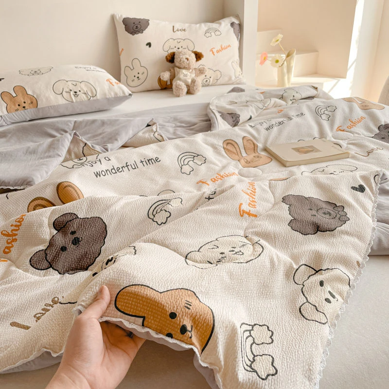 

Cute Print Summer Cool Quilt Bedding Set with Pillowcases Machine Washable Air Conditioning Comforter Single Double Thin Blanket