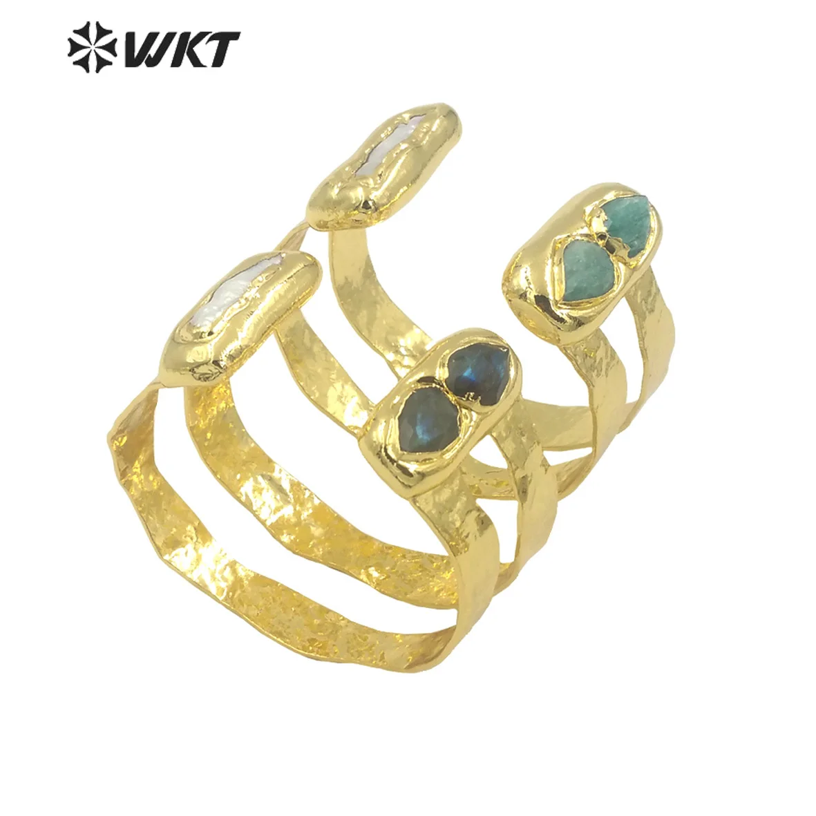 

WT-B656 Wholesale Fashion New Gold Plated Resist Tarnishable Multi Stone Setting Freshwater Pearl And Amazonite Bangle