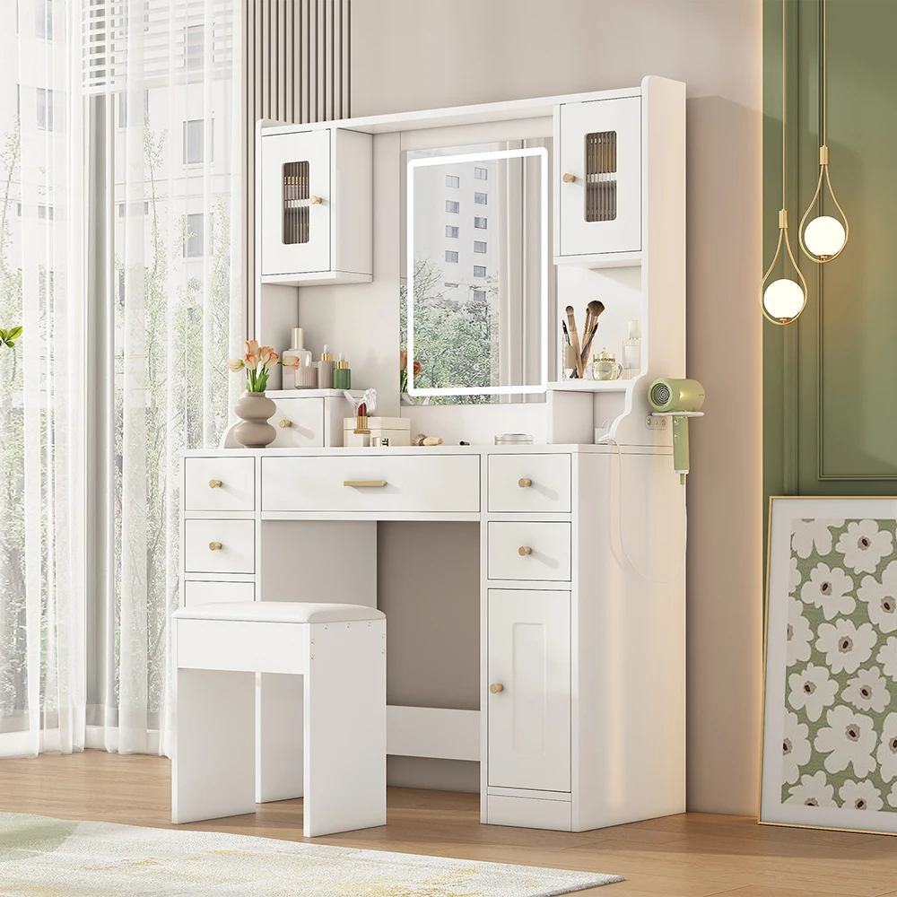 KOMHTOM Large dressing table with adjustable LED lighting and sockets Sea897806b65a4c54b617cd1ba8b3e347u
