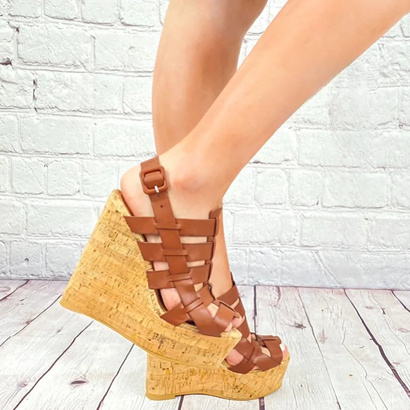 

2024 New Handmade Women Platform Sandals Hollow Gladiator Wedges Heels Open Toe Gorgeous Brown Casual Shoes Women US Size 5-20