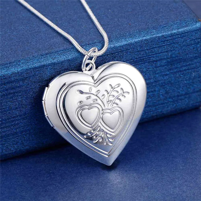 

Hot 925 Sterling Silver Necklace 18 inches Heart photo frame Pendant For Women Fashion Jewelry wedding anniversary Gifts