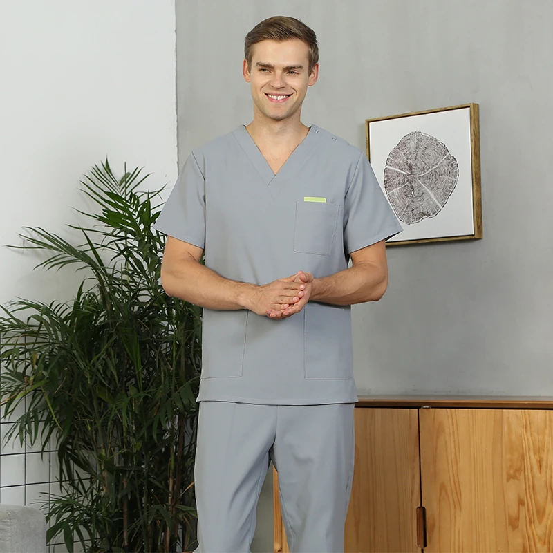 

Gray Poplin Fabric Men Scrub Uniform Durable Medical Nursing Scrubs Hospital Healthcare Garment Doctor Outfits 301