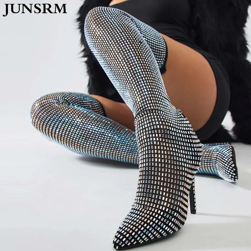 

Full Rhinestone Embellished Over The Knee Boots 2024 New Sexy Nightclub High Heel Pointed Toe Crystal Stage Runway Stretch Boots