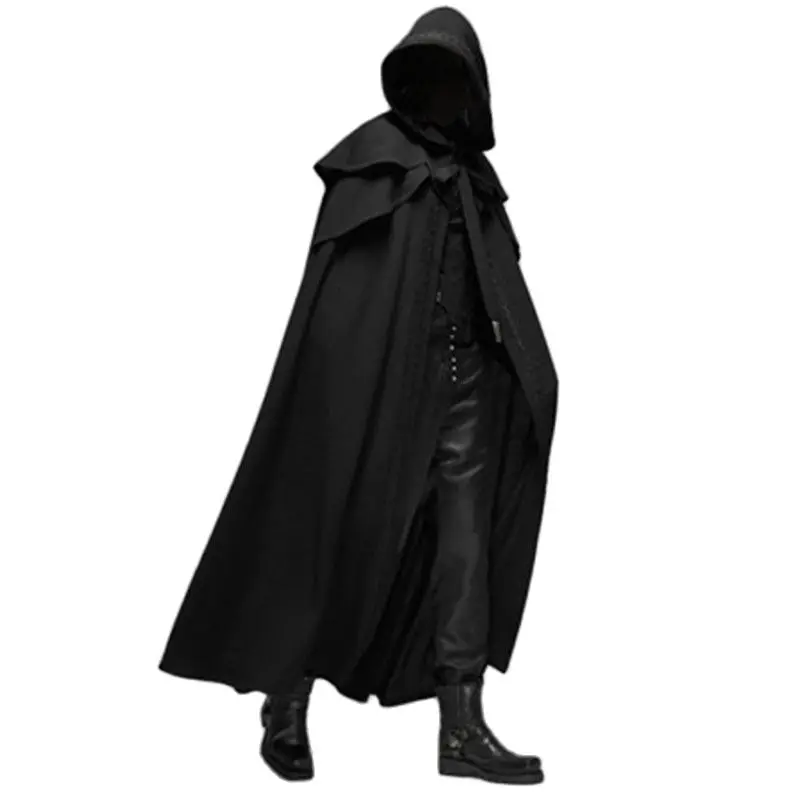 

Hooded Solid Loose Men Black Cloak Coats Medieval Windproof Trench Coat Chic Winter Long Cape Poncho Mens Monk Outerwear Jackets