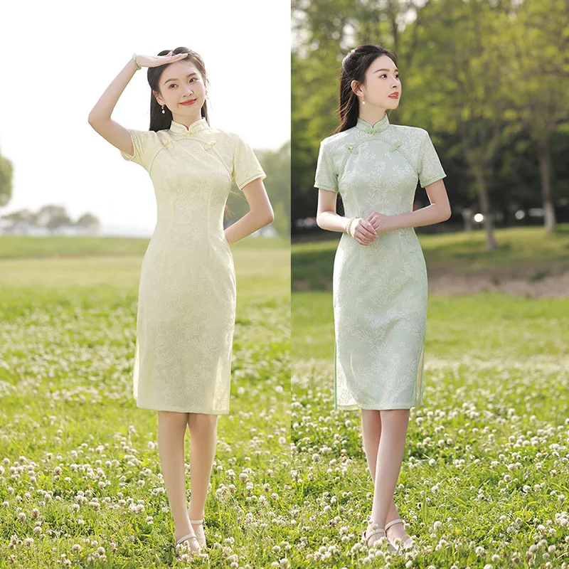 

Elegant Short Sleeve Qipao Embrodiery Chiffon Young Girl Mandarin Collar Cheongsam Chinese Daily Dress