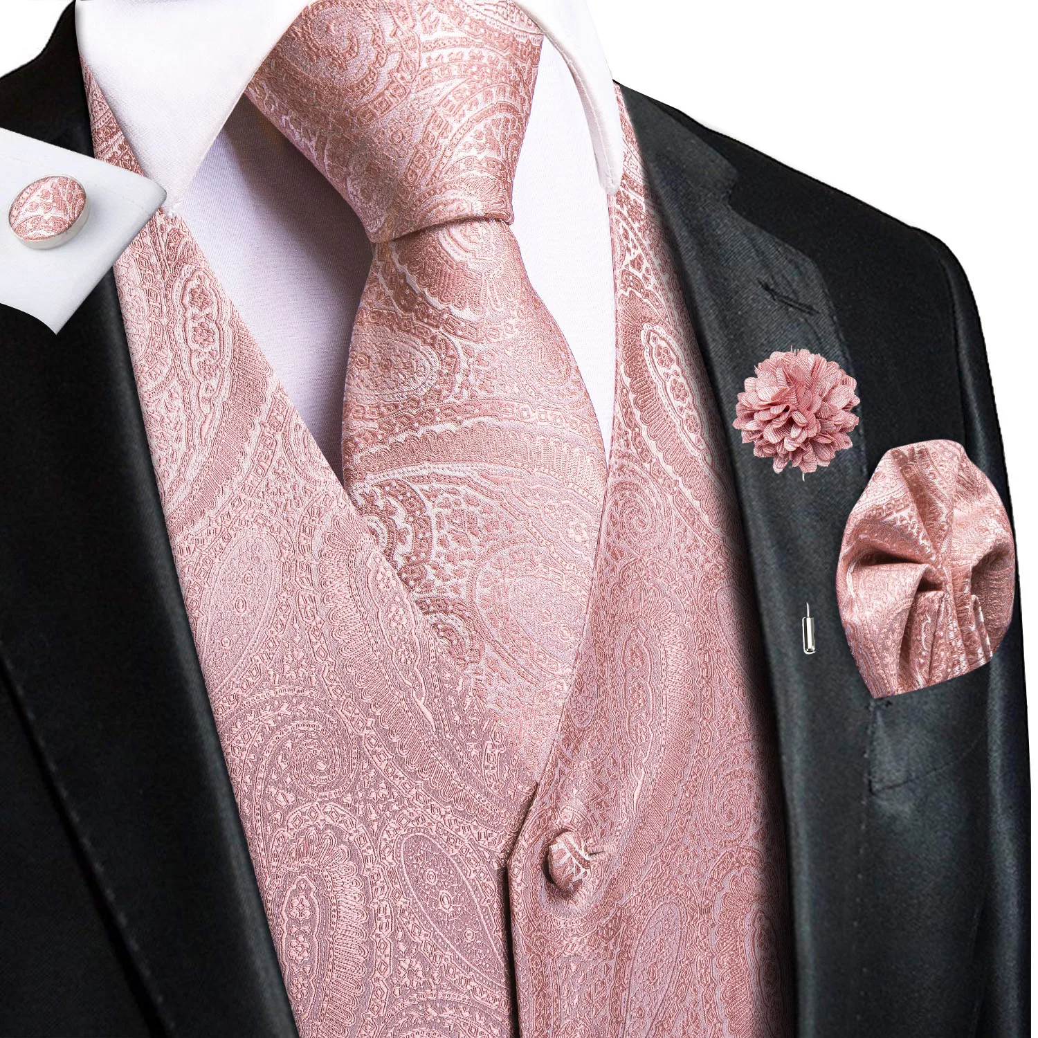 

Wedding Peach Pink Mens Vests Silk Paisley Jacquard Waistcoat Tie Hanky Cufflinks Brooch Set for Men Suit Formal Business Hi-Tie