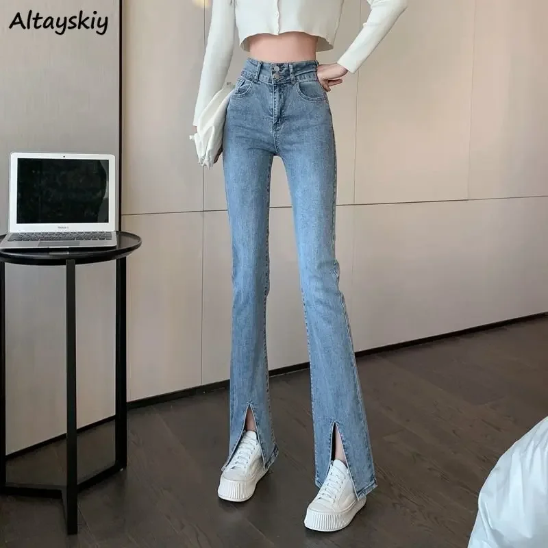 

Flare Jeans Women Simple Slit Casual Temperament Summer Ins Korean Style Literary All-match Harajuku High Waist Prevalent Female