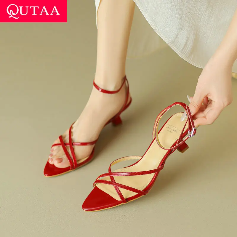 

QUTAA 2024 Women Sandals Split Leather Thin Med Heels Pumps Slingback Pointed Toe Ankle Strap Shoes Woman Office Lady Size 34-40