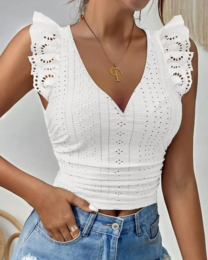 

New Fashion 2023 Summer Casual Sexy V-Neck Flutter Sleeve Eyelet Embroidery Lace Patch Skinny Tank Top