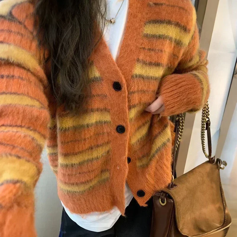 

Mohair Striped Cardigan Fuzzy Wuzzy Border Cardigan V-Neck Button Up Knitted Sweater Jacket Women Unisex Autumn Winter