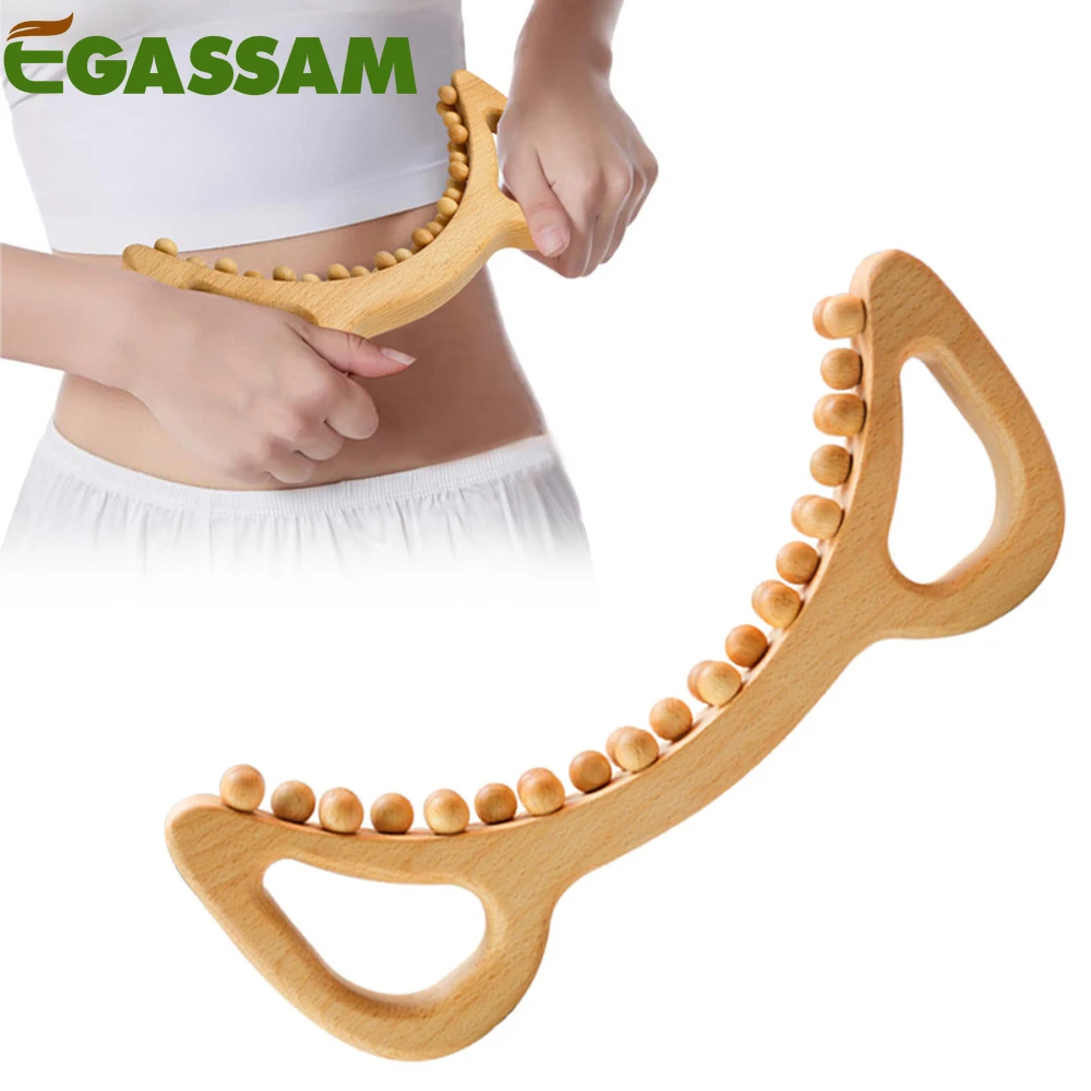 

EGASSAM 1Pcs Wooden Therapy Scraping Lymphatic Drainage Massager, Double Row 29 Beads Point Treatment Gua Sha Tools for Back Leg