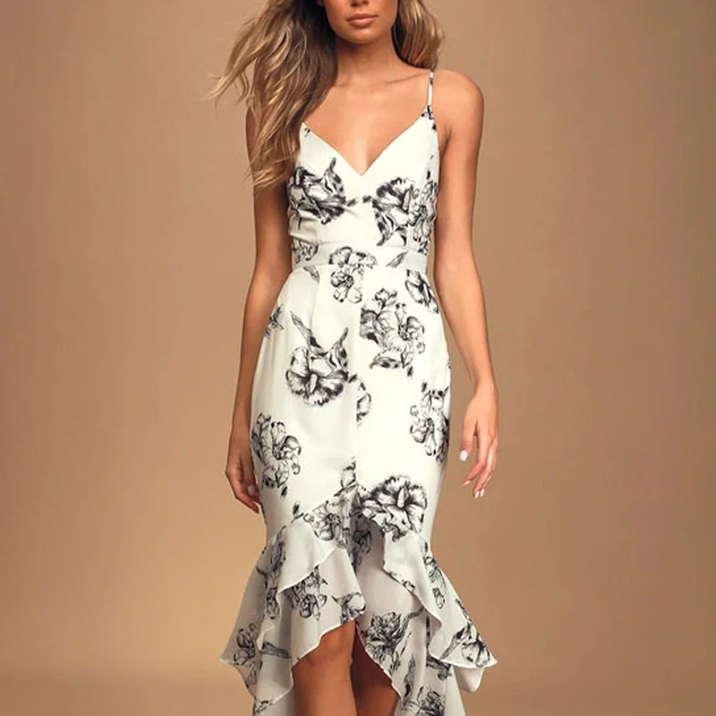 Elegant Summer Floral Print Irregular Dress Sexy V Neck High Waist Slim Sling Dress Summer Backless Holiday Ruffles Party Dress
Elegant Summer Floral Print Irregular Dress Sexy V Neck High Waist Slim Sling Dress Summer Backless Holiday Ruffles Party Dress