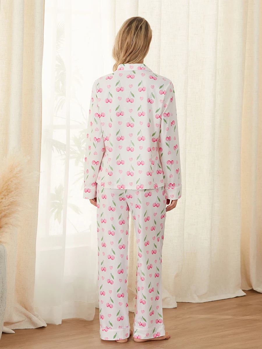 

Women 2 Piece Pajama Set Cherry Print Button Shirt and Elastic Pants for Loungewear Soft Sleepwear for Nightwear