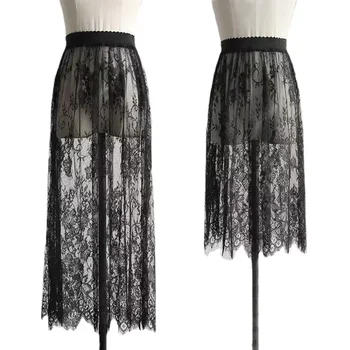 Saia Flare Branca Perspectiva Sexy: O Estilo Perfeito para o Verão 11 2 Length Elegant Black Skirt White Lace Transparent Long Tulle Skirt Ladies Elastic High Waist Beach Midi Skirt Drop shipping