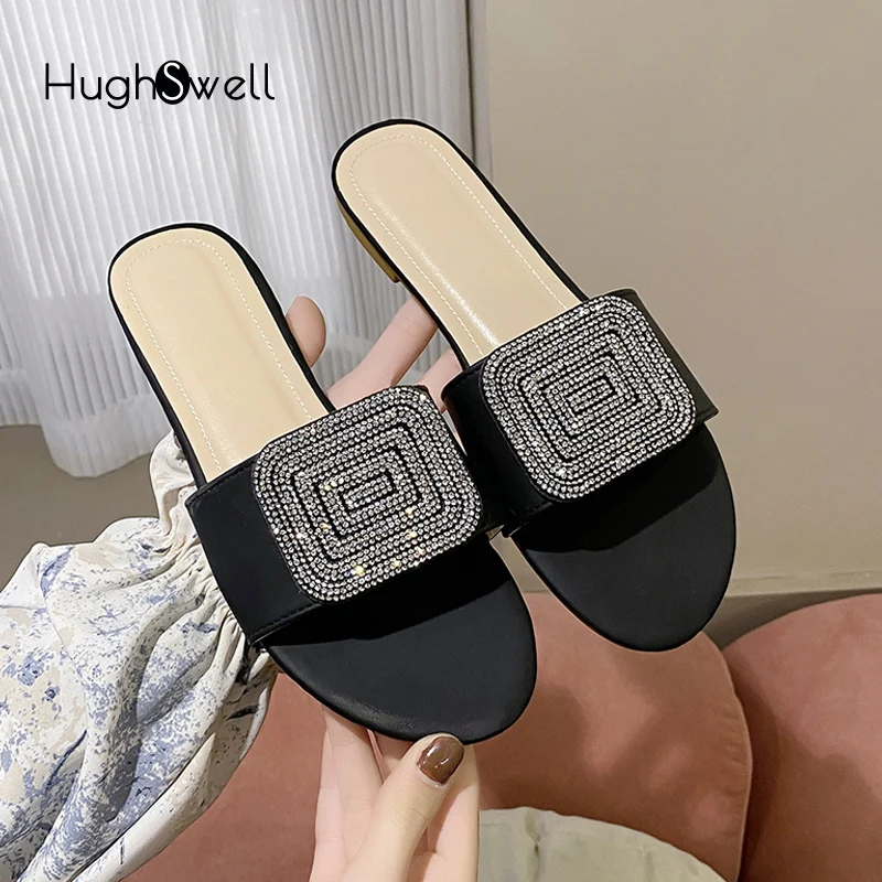 

Luxury Rhinestone Slide Slippers Woman Designer Style Square Crystal Buckle Mule Sandals Ladies Summer Breathable Beach Shoes