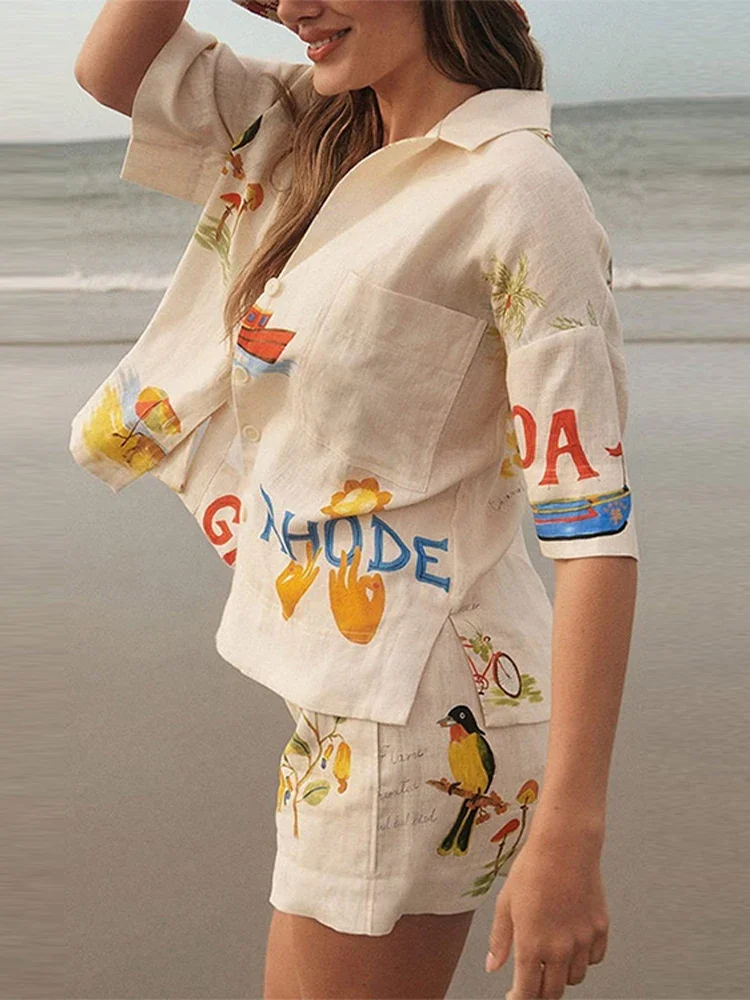 Ensemble 2 pièces imprimé plantes, fleurs, oiseaux, pour femme, tenue de vacances, manches courtes, boutonnée, col en v, top imbibé, short taille haute 1