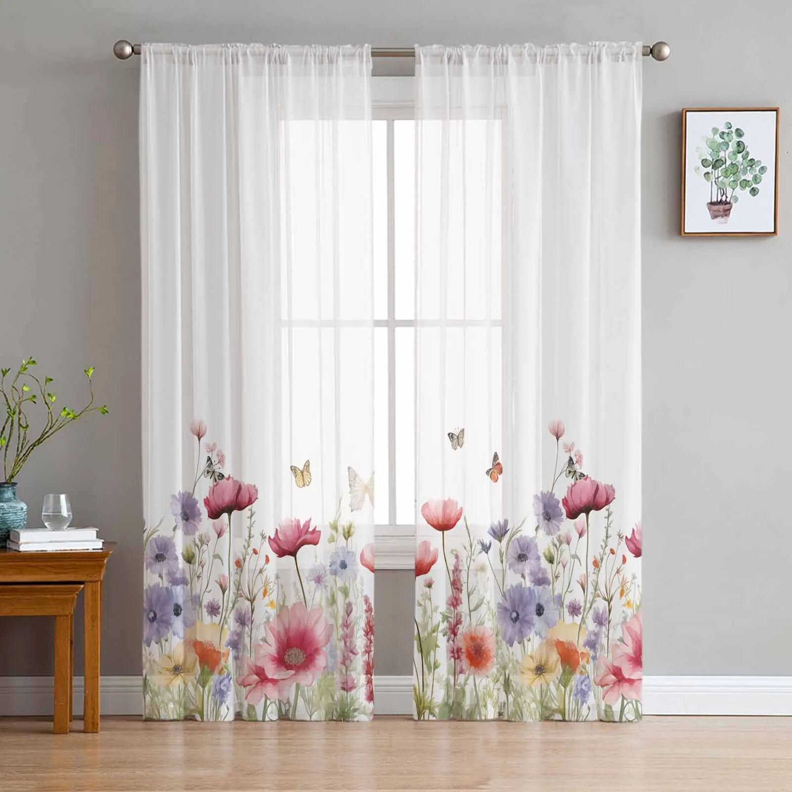 

Watercolor Flowers Plants Butterflies Lavender Daisies Sheer Curtains Living Room Tulle Window Curtain Home Bedroom Voile Drapes