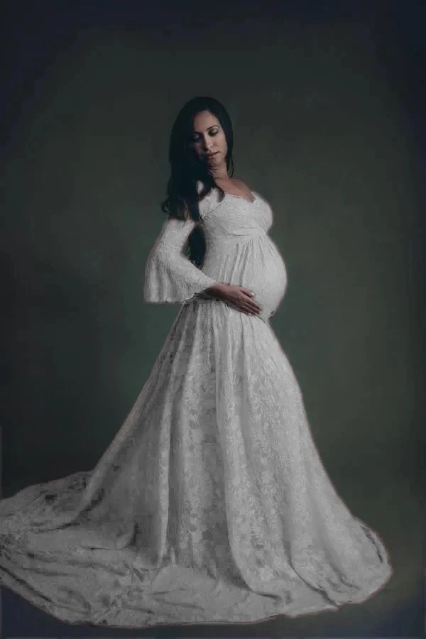 

Ginger Lace Maternity Dresses For Photo Shoot Pregnancy Women Dress For Photography Long Tail Baby Shower Dress Flare Sleeve