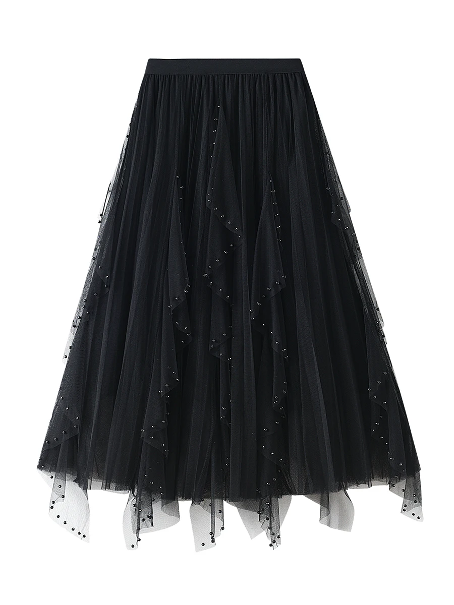 

Women s Tiered Tulle Midi Skirt Bead High Low Layered Tutu Skirts Elastic Waist Mesh Flowy A-Line Party Skirt