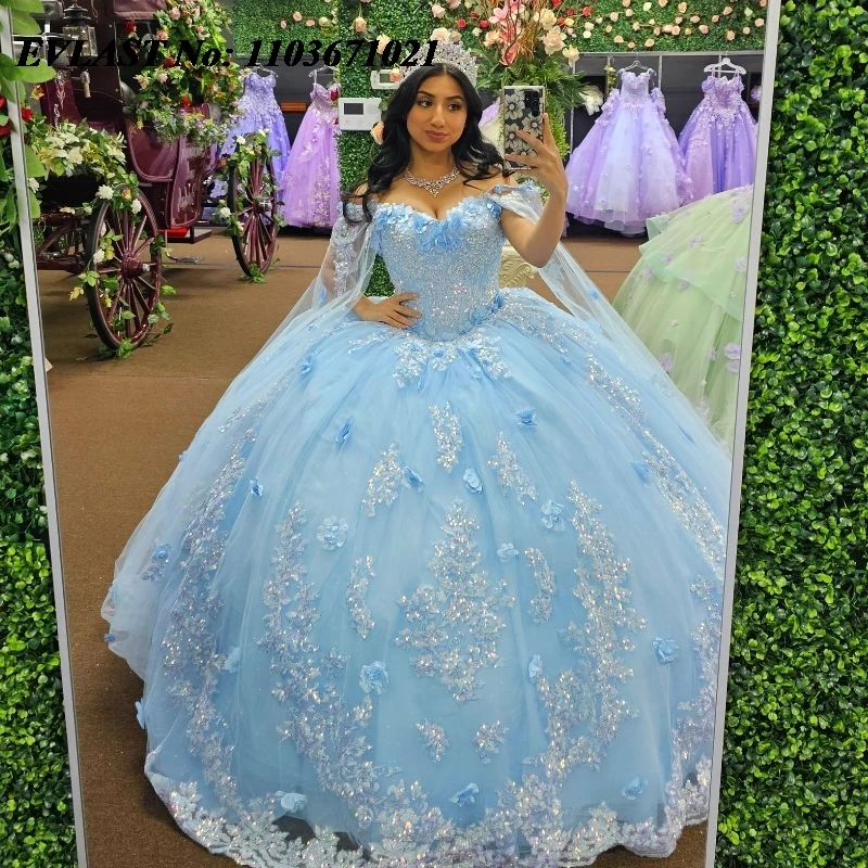 

EVLAST Shiny Blue Quinceanera Dress Ball Gown 3D Floral Applique Beaded Crystals With Cape Sweet 16 Vestidos De XV 15 Anos SQ124