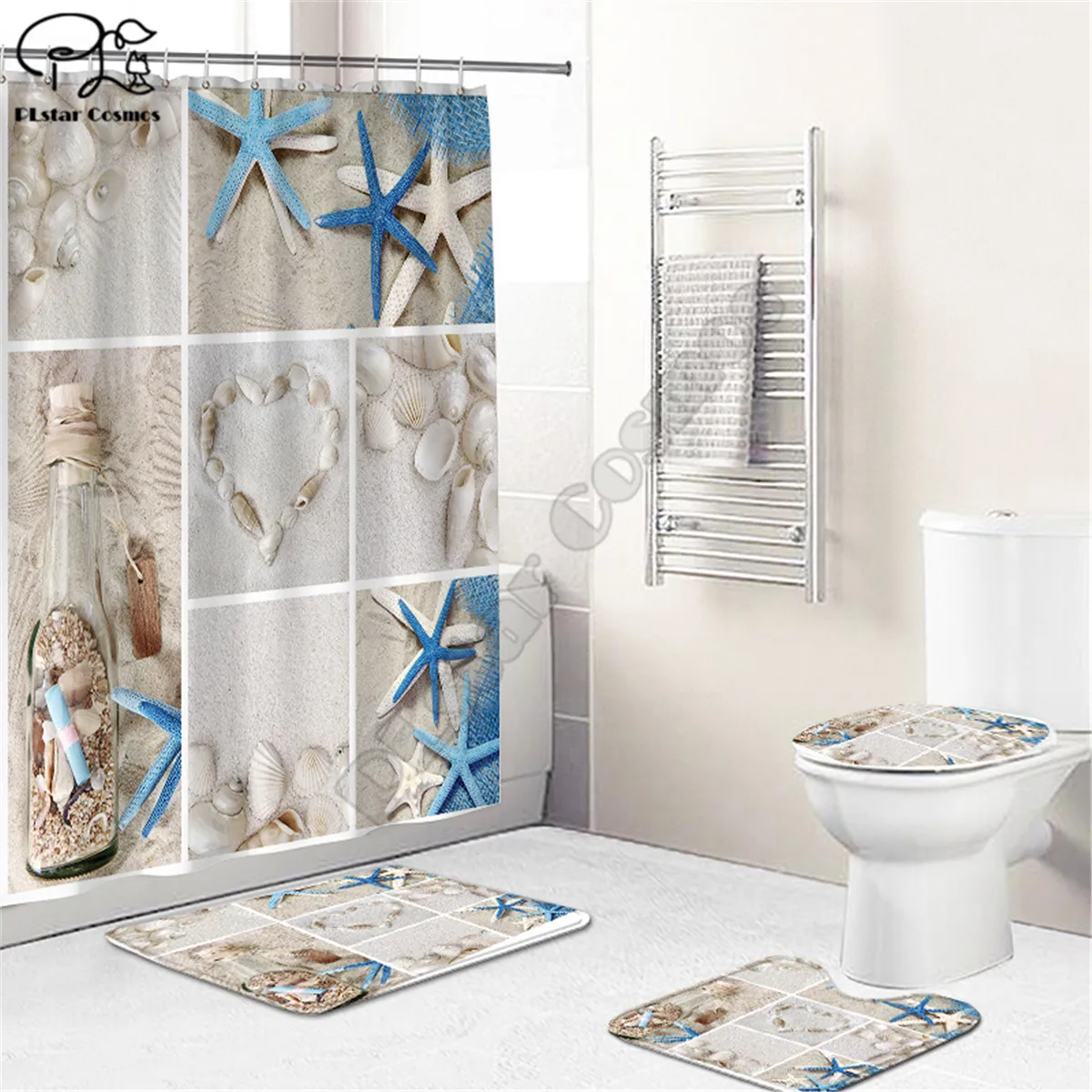 

Beach Starfish Bathroom Set Together Shower Curtain Rug Set Bathroom Mats Rugs Toilet Decor Mat 3D Printed