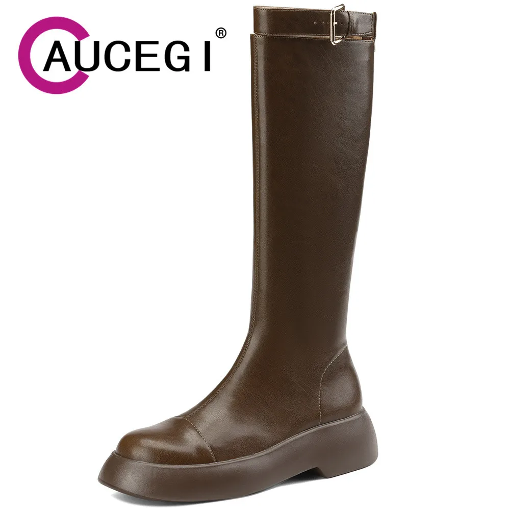 

Aucegi Quality Leather Riding Knee High Boots Thick Medium Heel Zipper Buckle Strap Round Toe Autumn Brown Black Office Shoes