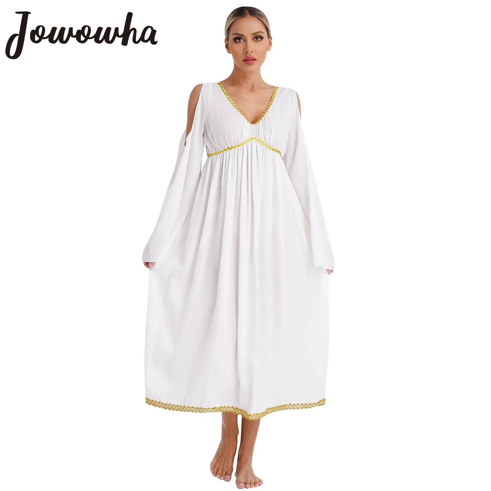 

Womens Halloween Naivete Angel Cosplay Costume Flare Sleeve Gold Waved Trim Flowy Chiffon Empire Dress Carnival Party Role Play