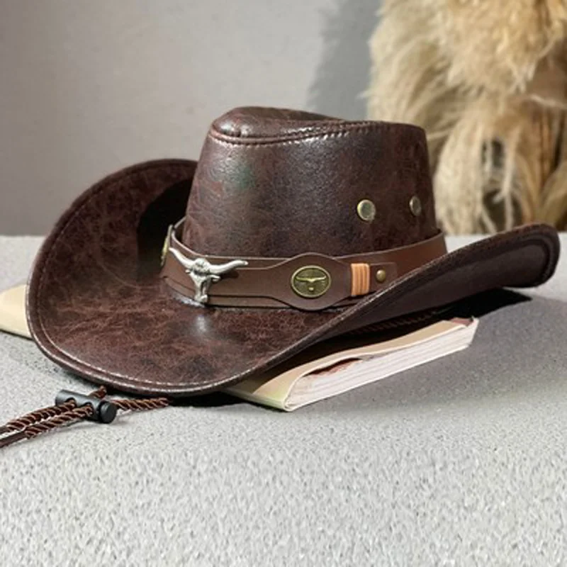 

Leather Cowgirl Sun Caps Vintage Western Cowboy Hat Ox Head Belt Rivet Fedora Hats for Men Women Outdoor Travel Wide Brim Faux