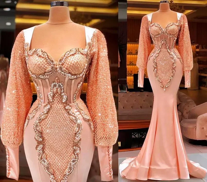 

Arabic Aso Ebi Luxury Mermaid Sexy Prom Dresses peach pink Lace Beaded Long Sleeves Evening Formal Party Second Reception Gowns