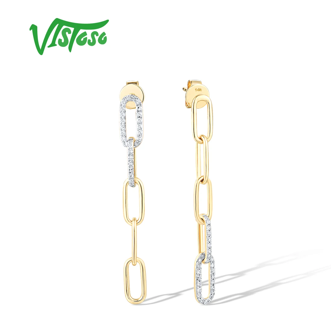 

VISTOSO Real 14K 585 Yellow Gold Drop Earrings For Women Sparkling Diamond Long Links Modern Sylish Wedding Chic Fine Jewelry