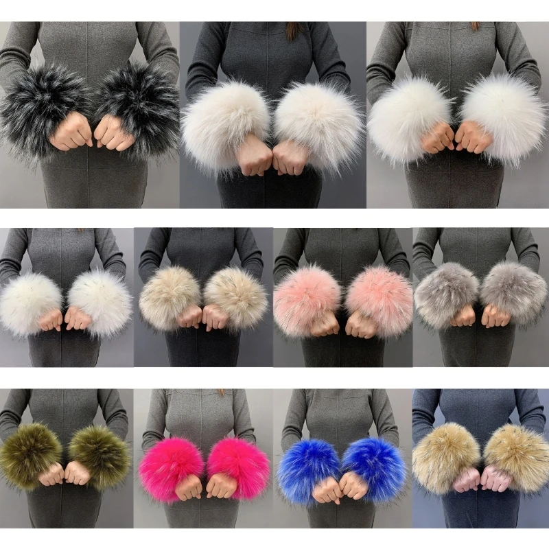 

652F Women Winter Wrist Warmers Faux Fur Cuffs Soft Warm Bands for Cold Weather Elastic Closure Fits Most Adults