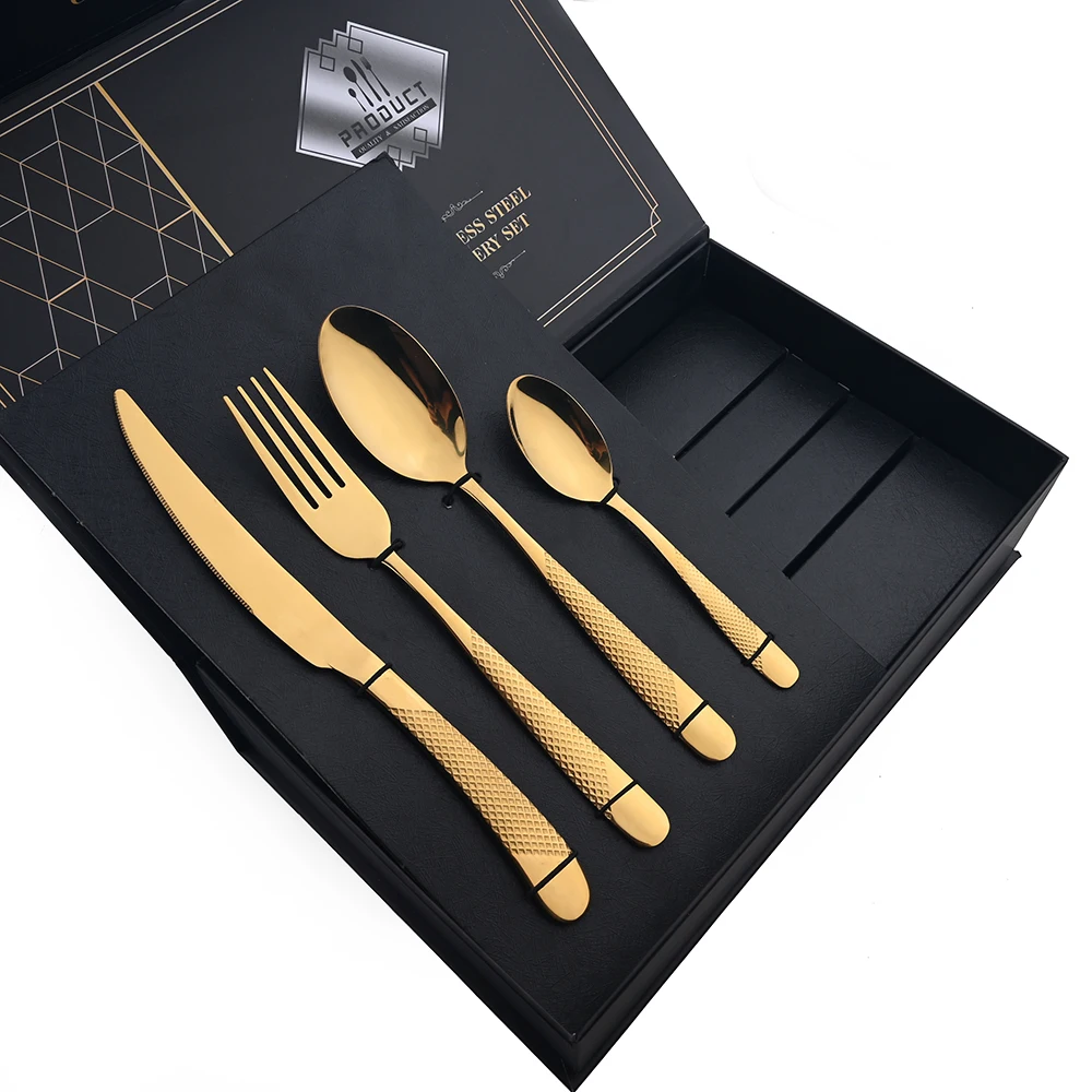 

Zoseil 24pcs/1se Dinnerware Set Stainless Steel Gold Tableware Knife Fork Tea Spoon Cutlery Set Kitchen Mirror Western Flatware