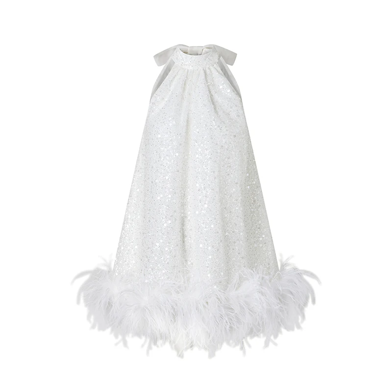 

Spring and Summer Sequin Mesh Halter Lace-up Removable Ostrich Feather Dress