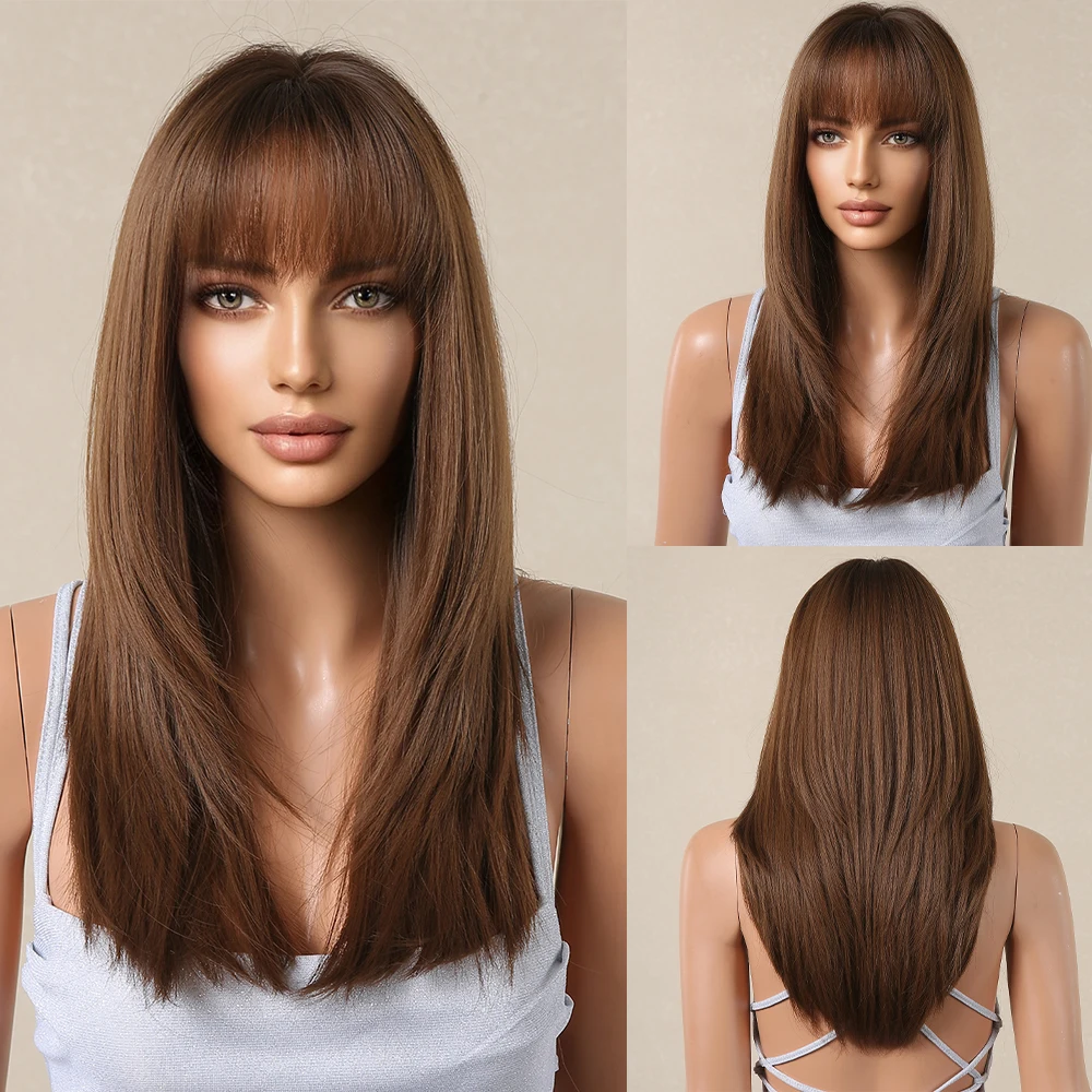 

HENRY MARGU Brown Layered Synthetic Wigs with Bang Long Straight Hair Wig for Black Women Daily Cosplay Heat Resistant Wig