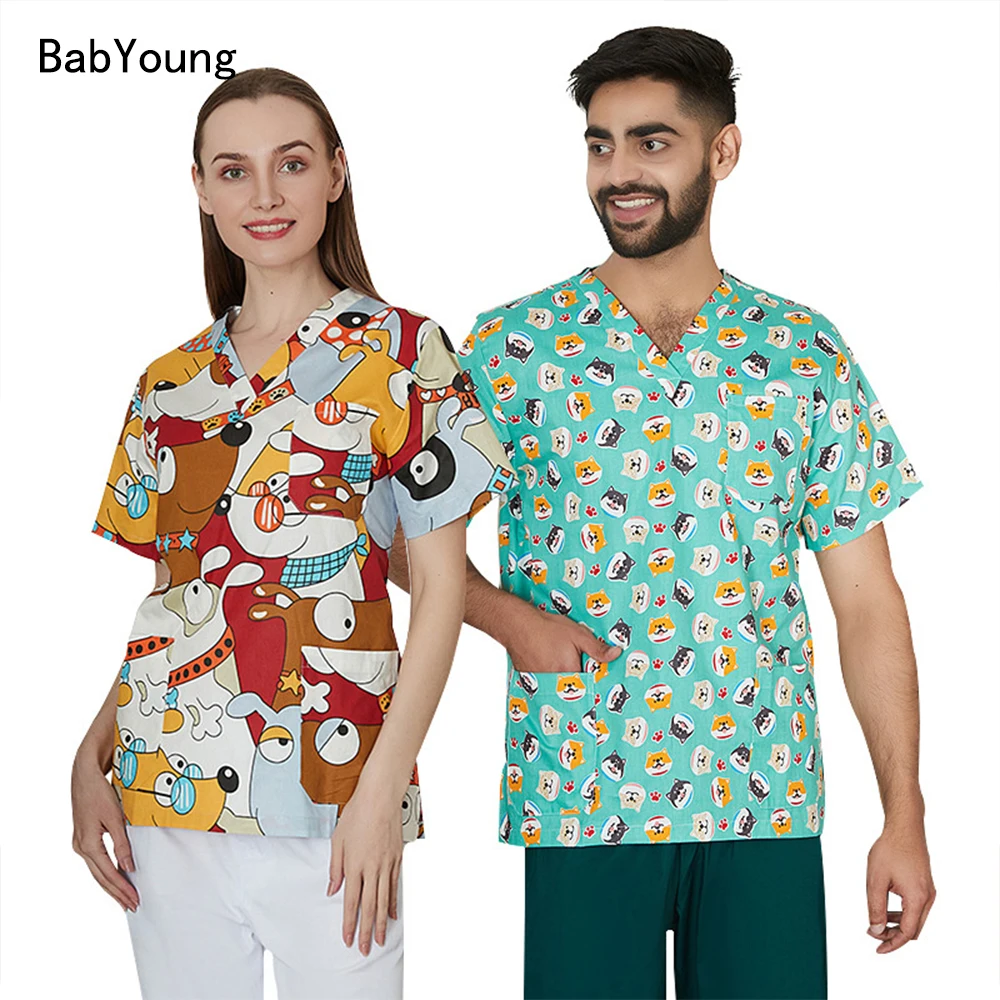 

Printed Women's Scrub Tops Nursing Scrubs Uniform V-neck Short-sleeved Medical T-shirt Unisex Hospital Doctors Clothes Lab Coat