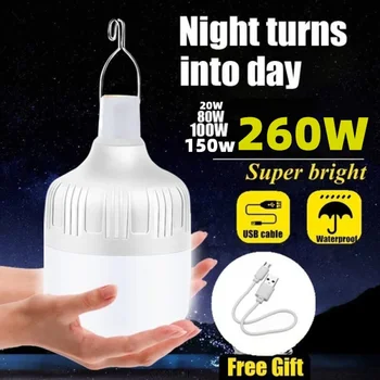 USB 충전식 LED 전구, 200W 캠핑 조명, 5 가지 조명 모드, 걸이식 텐트 조명, 휴대용 비상 전구, 야외 정원용