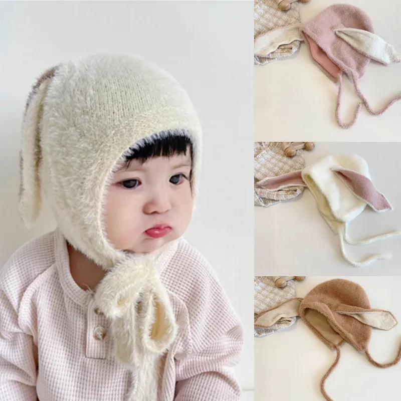 

New 3-24 Months Baby Newborn Photography Props Hat Autumn Winter Baby Ear Protection Beanie Cap Long Bunny Ear Boy Girl Bonnet