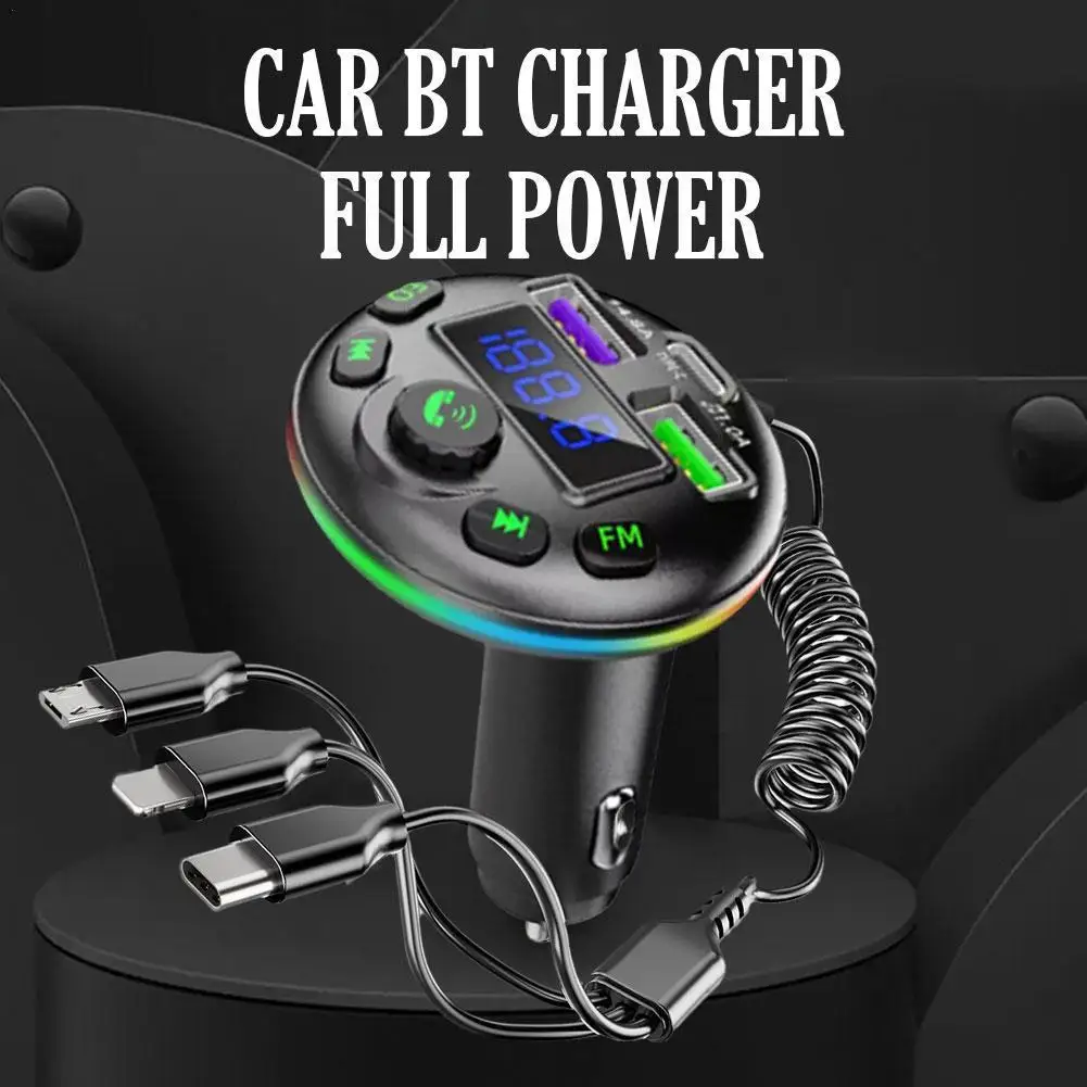 

2 Ports USB Fast Car Phone Charger 3.1A With Voltage Display Car Three In One USB Retractable Charging Cable FM Transmitter