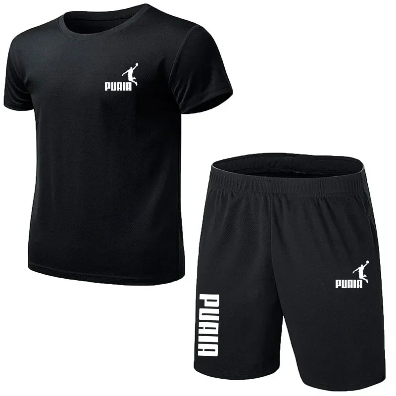 

Summer new men's casual comfort breathable quick drying mesh T-shirt top + shorts 2 sets jogging fitness training sportwear set